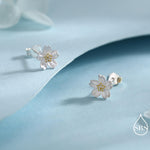 Sterling Silver Dainty Little Cherry Blossom Flower Floral Stud Earrings, Sand Blasted Textured Finish, Cute and Sweet Design