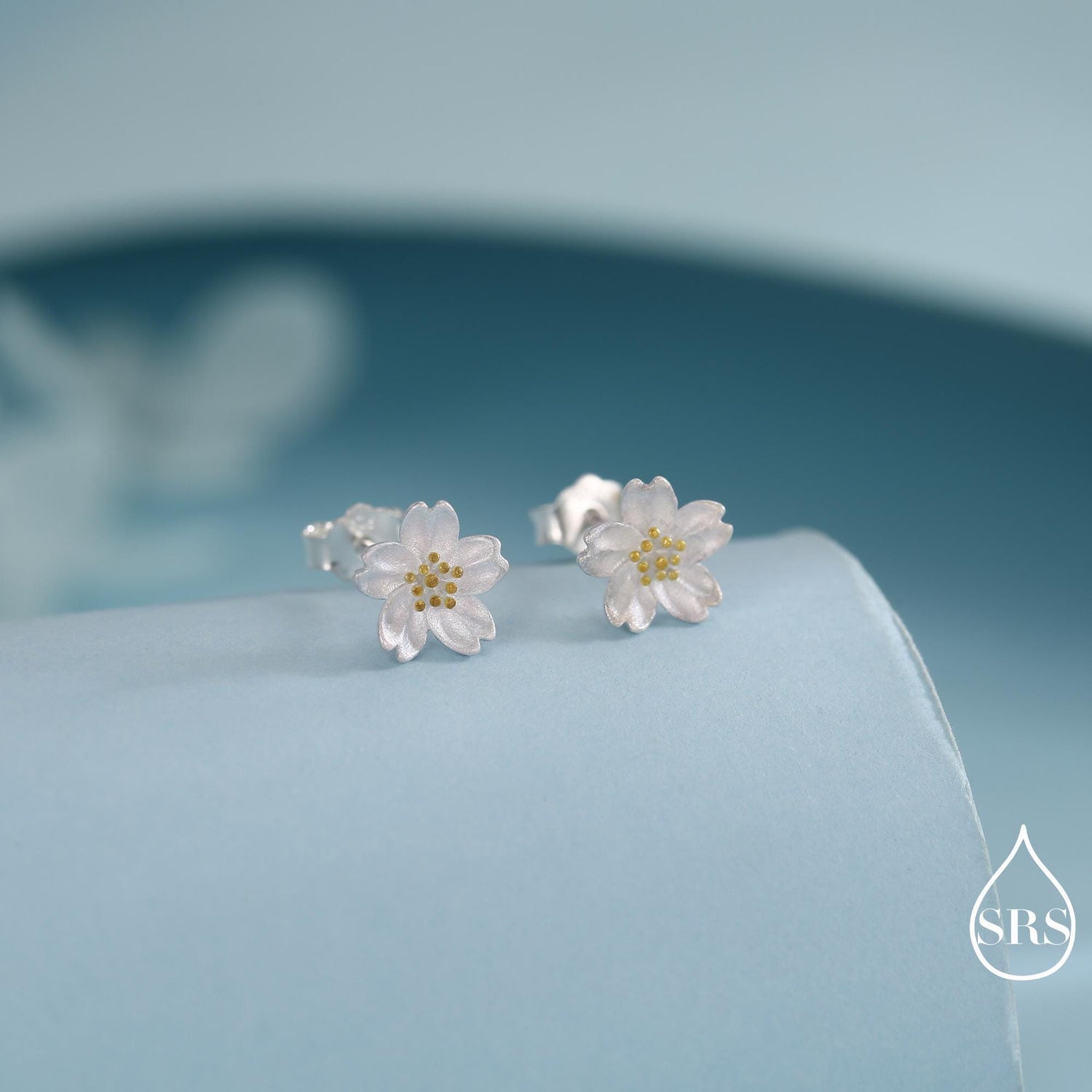 Sterling Silver Dainty Little Cherry Blossom Flower Floral Stud Earrings, Sand Blasted Textured Finish, Cute and Sweet Design