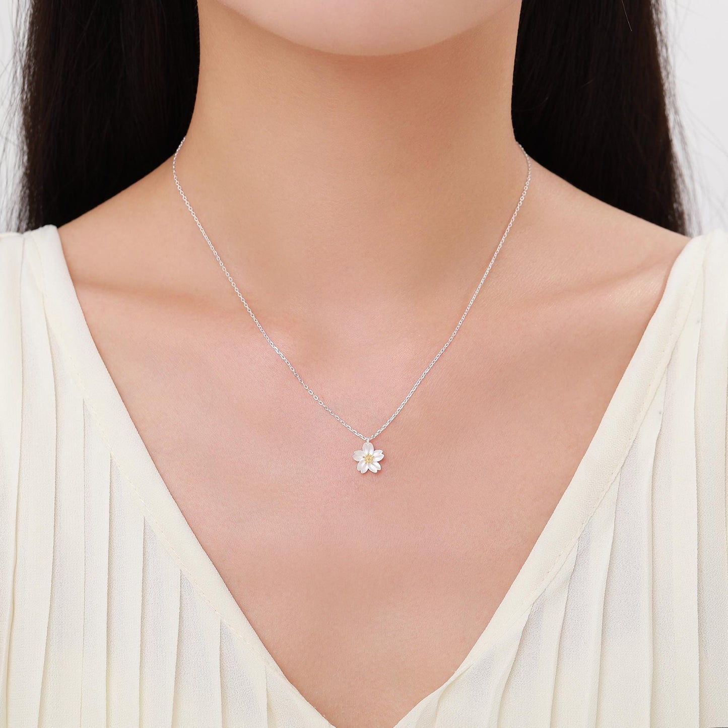 Cherry Blossom Flower Tiny Pendant Necklace in Sterling Silver, Nature Inspired Flower Necklace, January Birth Flower, Botanical