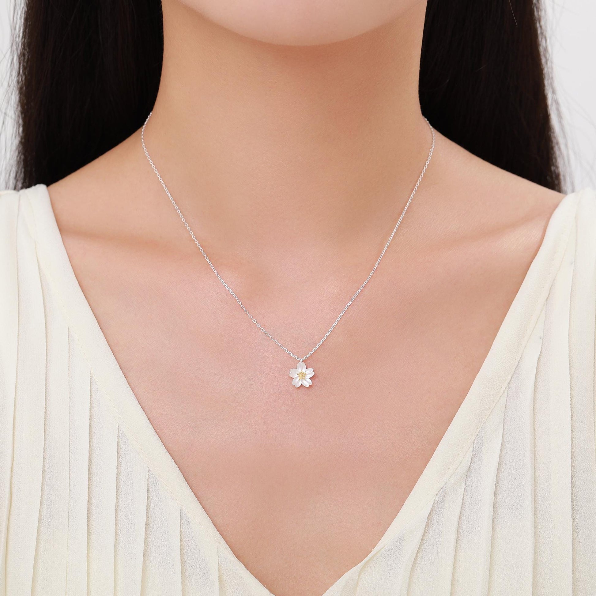 Cherry Blossom Flower Tiny Pendant Necklace in Sterling Silver, Nature Inspired Flower Necklace, January Birth Flower, Botanical
