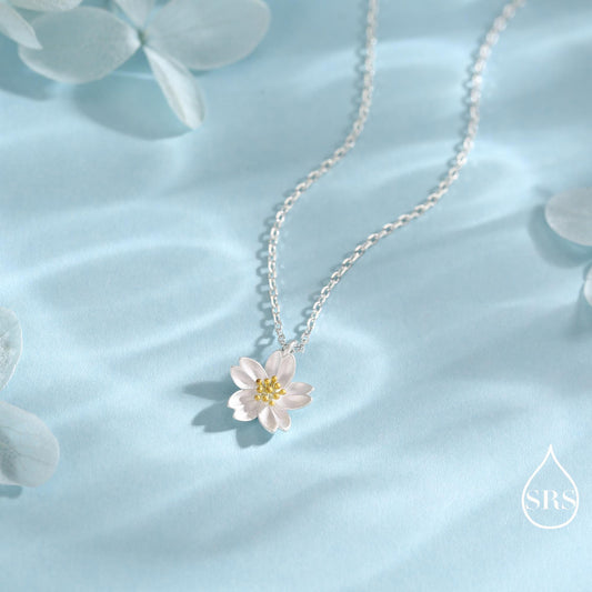 Cherry Blossom Flower Tiny Pendant Necklace in Sterling Silver, Nature Inspired Flower Necklace, January Birth Flower, Botanical