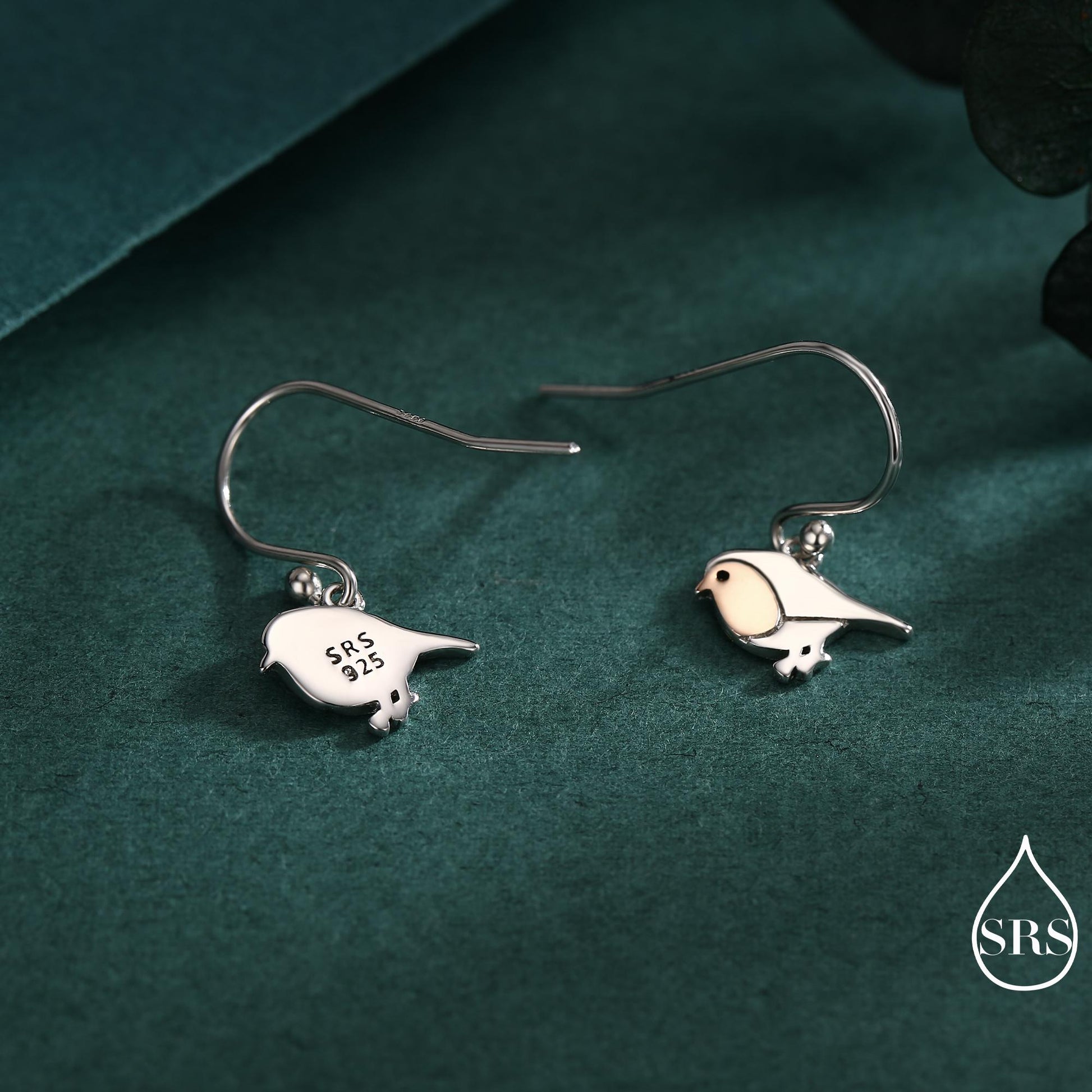 Robin Bird Drop Hook Earrings in Sterling Silver, Silver Animal Earrings, Nature Inspired Jewellery