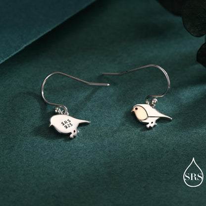 Robin Bird Drop Hook Earrings in Sterling Silver, Silver Animal Earrings, Nature Inspired Jewellery