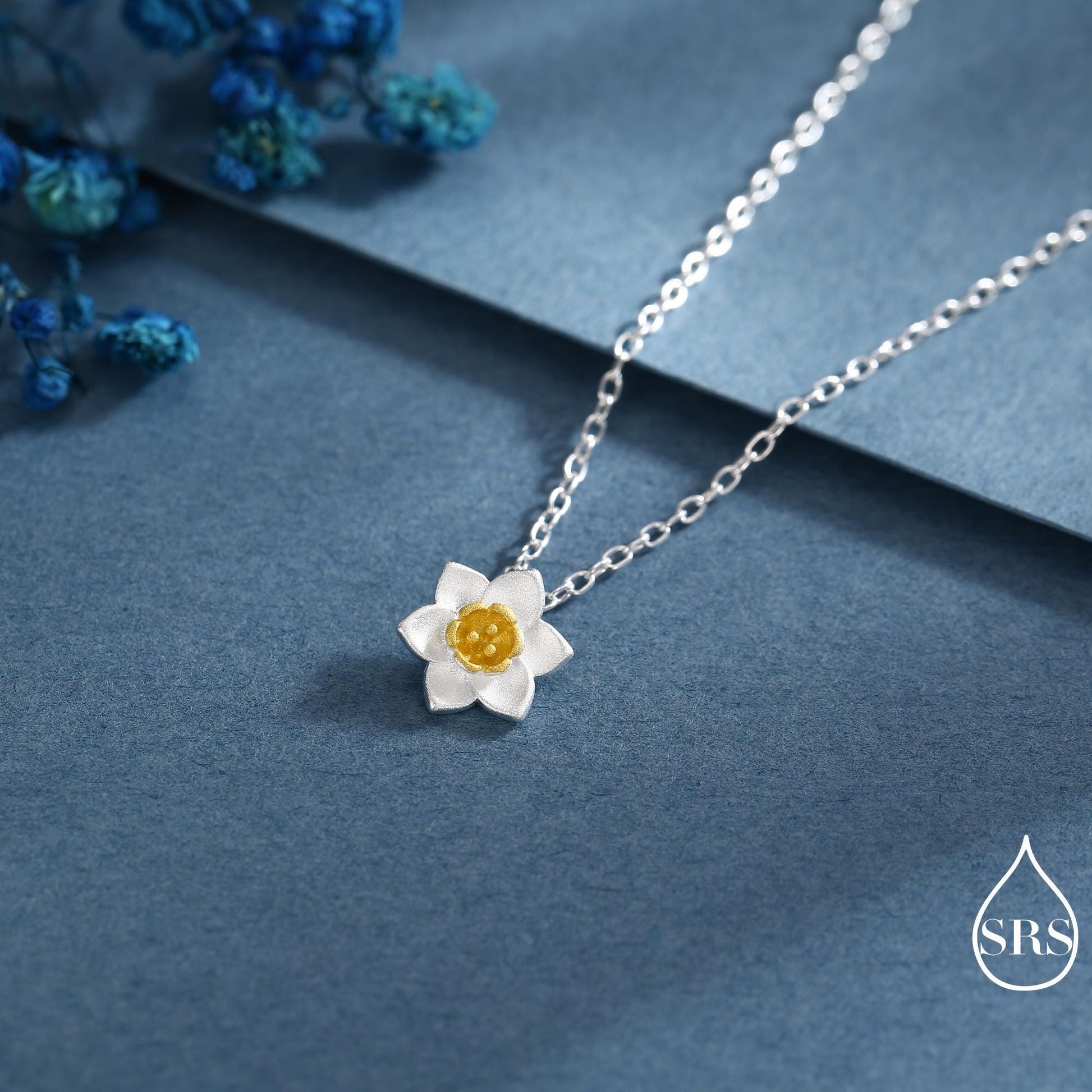 Sterling Silver Tiny Little Daffodil Flower Blossom Pendant Necklace with 18ct Gold Plating - Cute and Whimsical Jewellery