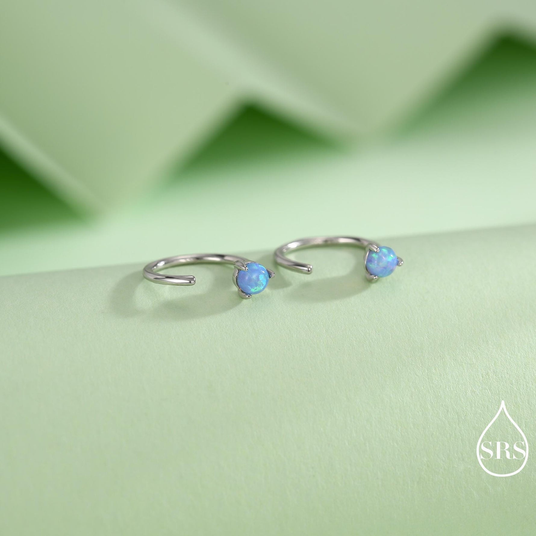Minimalist Opal Huggie Hoop Threader Earrings in Sterling Silver, 3mm Three Prong, Gold or Silver, Pull Through Open Hoops, Blue Opal C Hoop