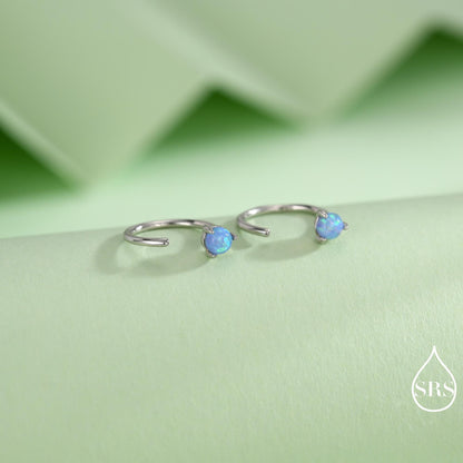 Minimalist Opal Huggie Hoop Threader Earrings in Sterling Silver, 3mm Three Prong, Gold or Silver, Pull Through Open Hoops, Blue Opal C Hoop
