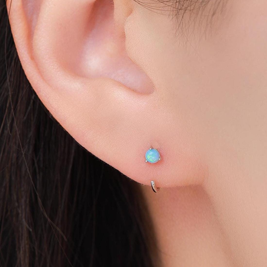 Minimalist Opal Huggie Hoop Threader Earrings in Sterling Silver, 3mm Three Prong, Gold or Silver, Pull Through Open Hoops, Blue Opal C Hoop