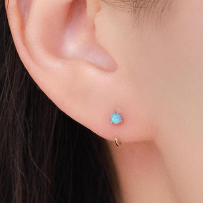 Minimalist Opal Huggie Hoop Threader Earrings in Sterling Silver, 3mm Three Prong, Gold or Silver, Pull Through Open Hoops, Blue Opal C Hoop