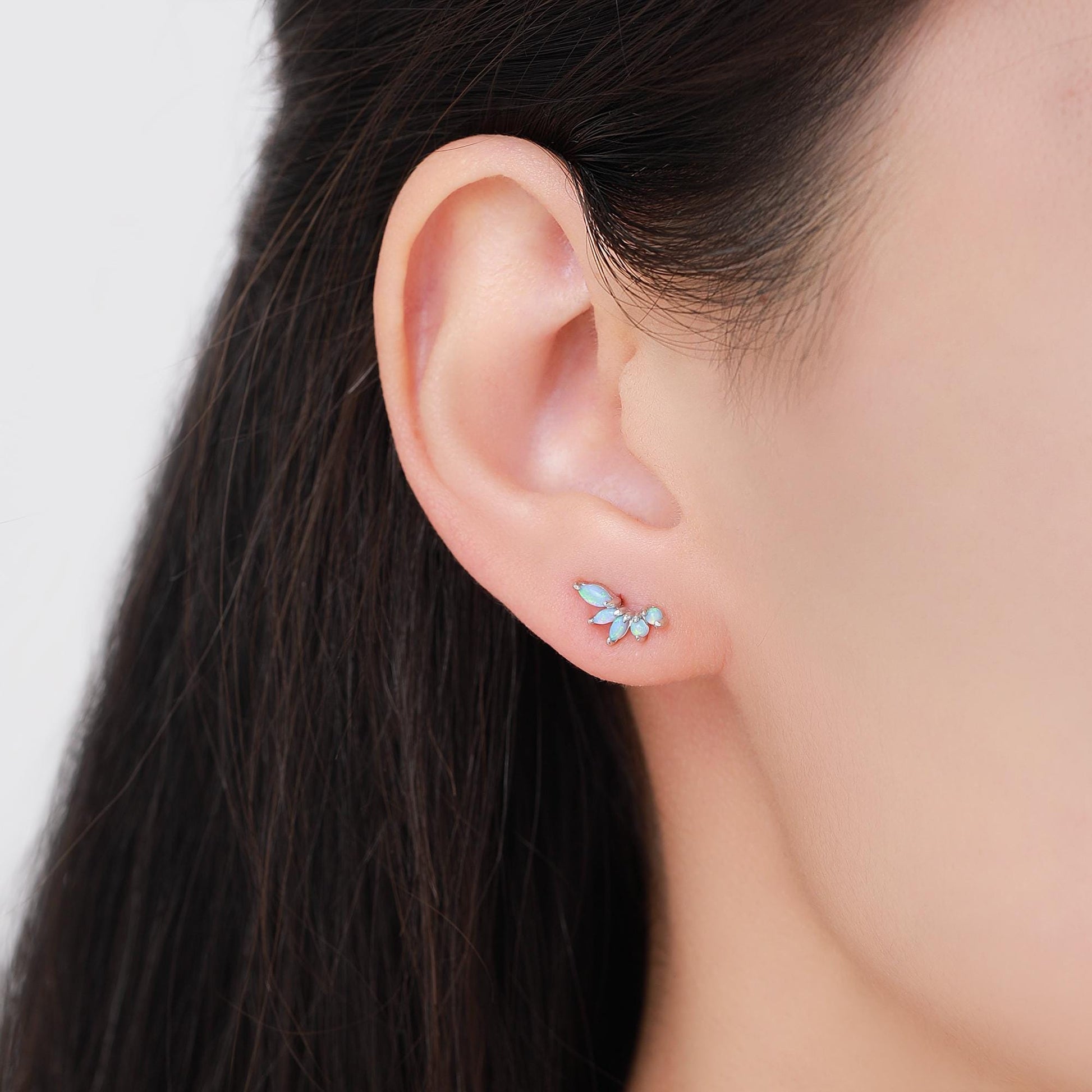 Sterling Silver Blue Opal Marquise Cluster Stud Earrings, Silver and Gold, Blue Opal Earrings, Lab Opal Mini Crawler Earrings, Minimalist