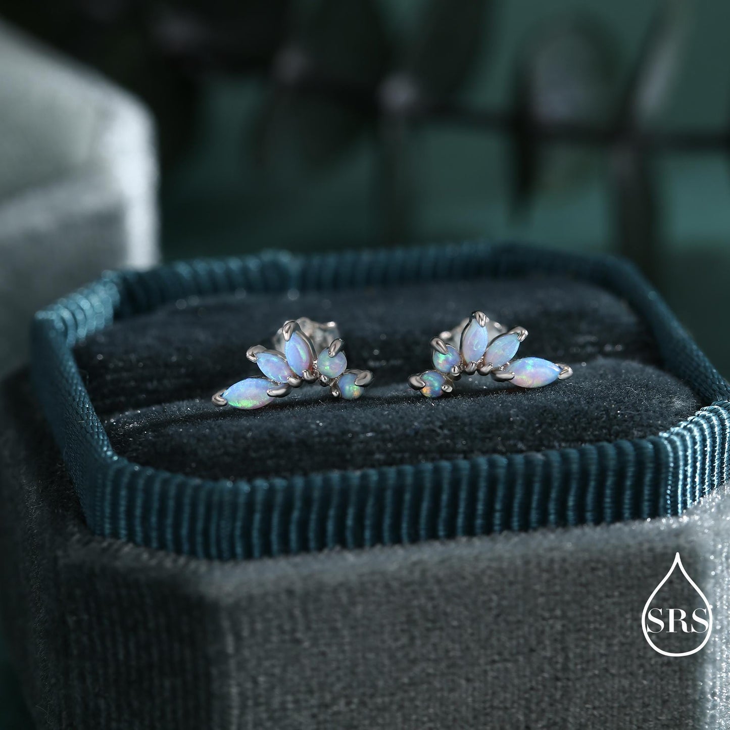 Sterling Silver Blue Opal Marquise Cluster Stud Earrings, Silver and Gold, Blue Opal Earrings, Lab Opal Mini Crawler Earrings, Minimalist