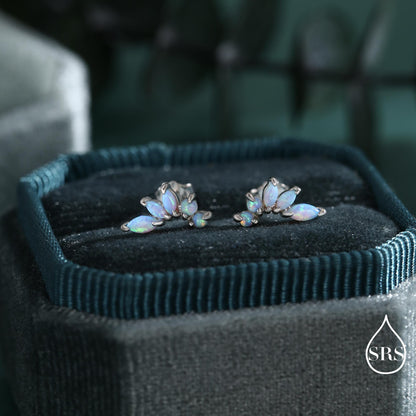 Sterling Silver Blue Opal Marquise Cluster Stud Earrings, Silver and Gold, Blue Opal Earrings, Lab Opal Mini Crawler Earrings, Minimalist