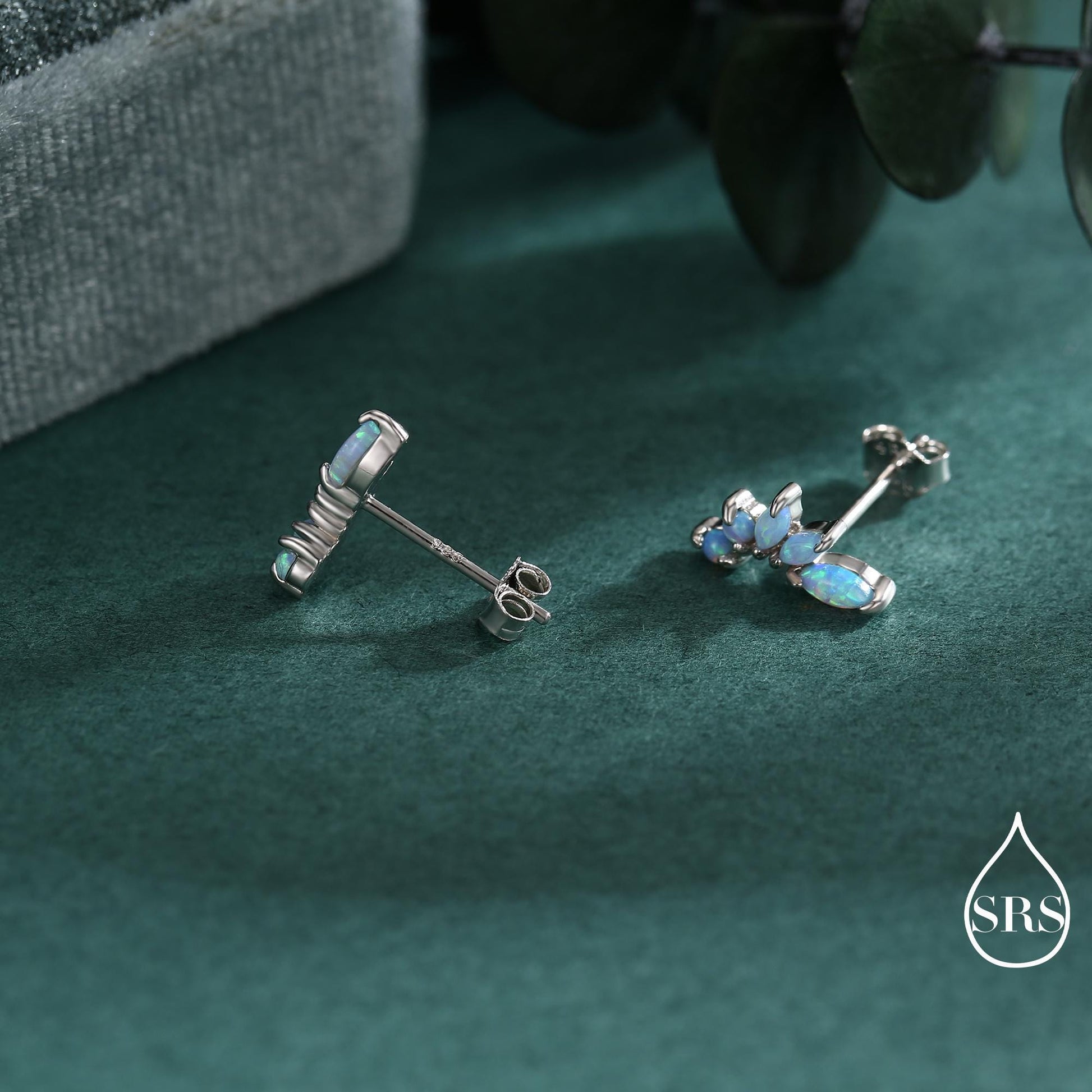 Sterling Silver Blue Opal Marquise Cluster Stud Earrings, Silver and Gold, Blue Opal Earrings, Lab Opal Mini Crawler Earrings, Minimalist