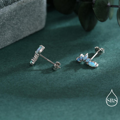 Sterling Silver Blue Opal Marquise Cluster Stud Earrings, Silver and Gold, Blue Opal Earrings, Lab Opal Mini Crawler Earrings, Minimalist