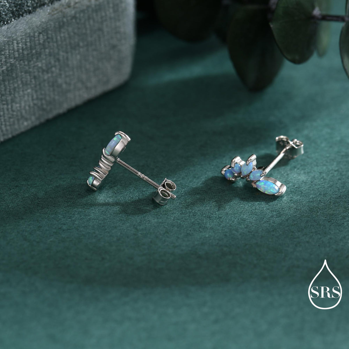 Sterling Silver Blue Opal Marquise Cluster Stud Earrings, Silver and Gold, Blue Opal Earrings, Lab Opal Mini Crawler Earrings, Minimalist