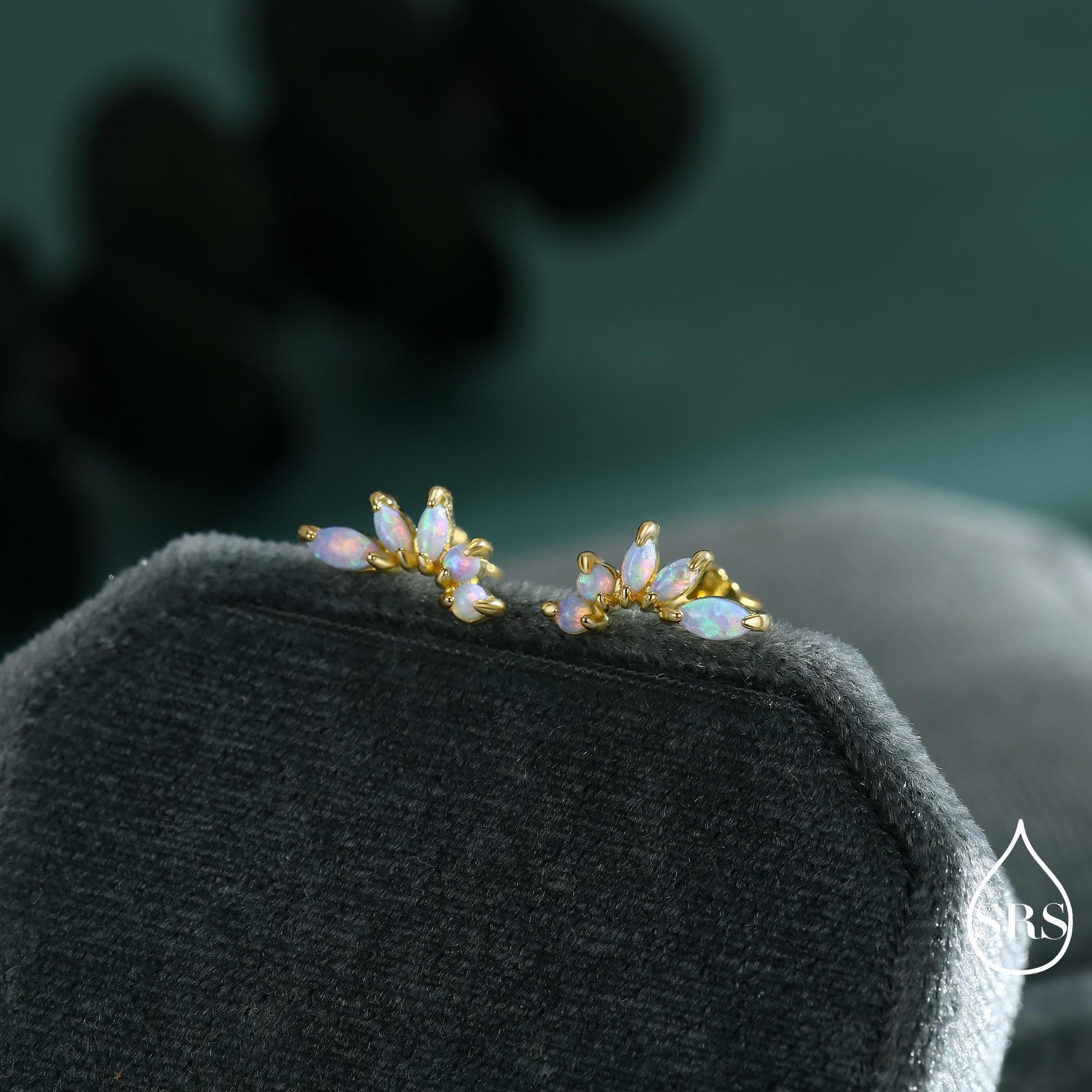 Sterling Silver Blue Opal Marquise Cluster Stud Earrings, Silver and Gold, Blue Opal Earrings, Lab Opal Mini Crawler Earrings, Minimalist