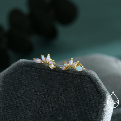 Sterling Silver Blue Opal Marquise Cluster Stud Earrings, Silver and Gold, Blue Opal Earrings, Lab Opal Mini Crawler Earrings, Minimalist