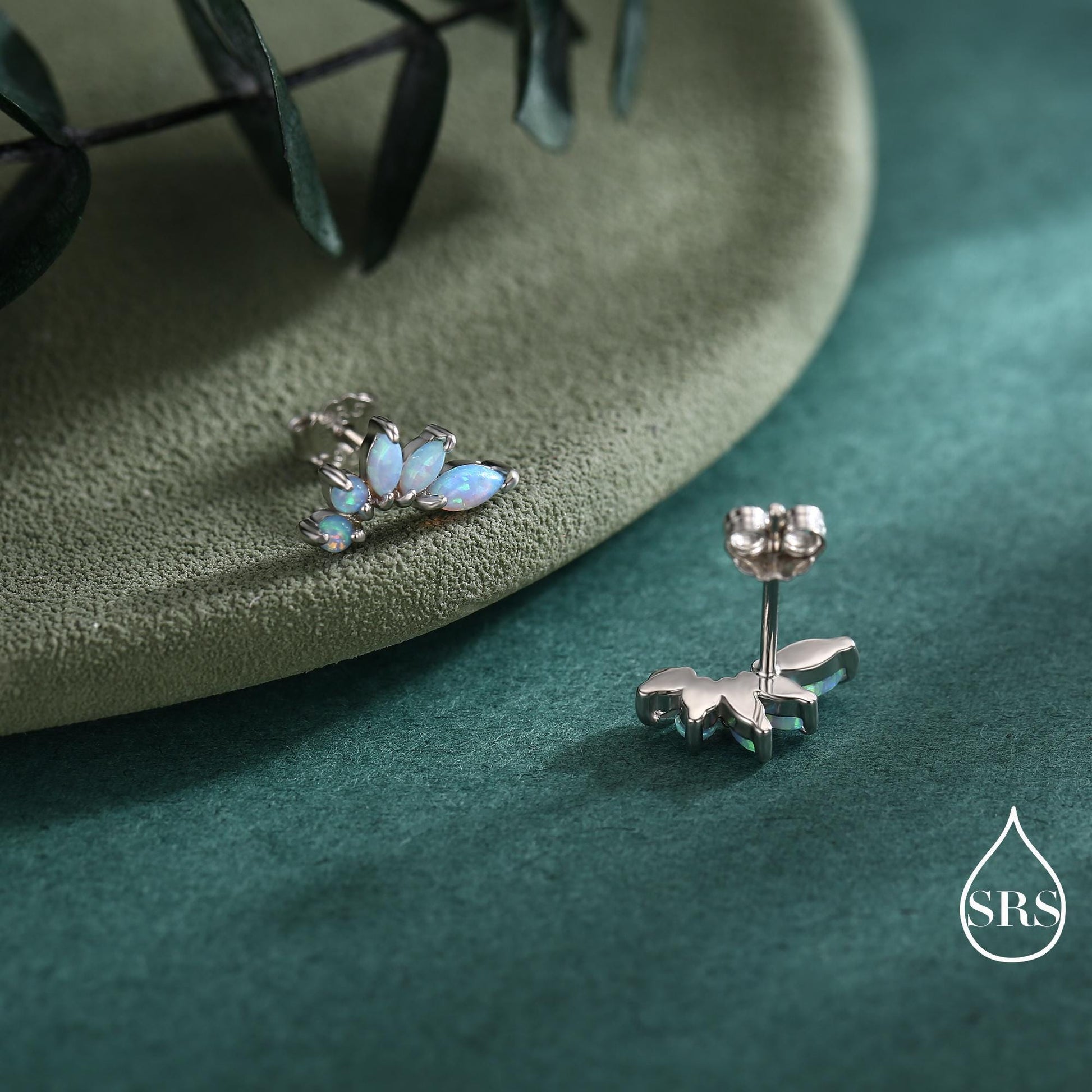 Sterling Silver Blue Opal Marquise Cluster Stud Earrings, Silver and Gold, Blue Opal Earrings, Lab Opal Mini Crawler Earrings, Minimalist