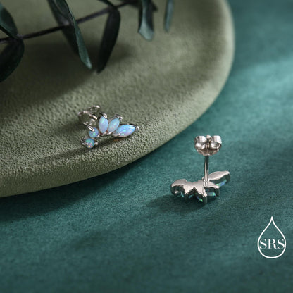 Sterling Silver Blue Opal Marquise Cluster Stud Earrings, Silver and Gold, Blue Opal Earrings, Lab Opal Mini Crawler Earrings, Minimalist