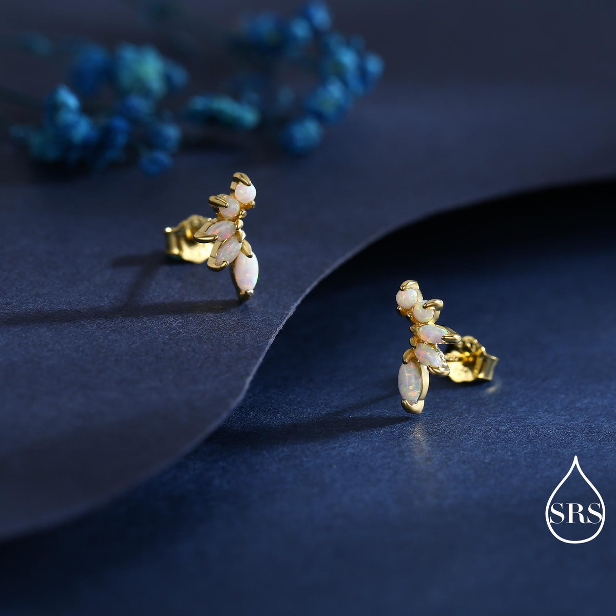 Sterling Silver White Opal Marquise Cluster Stud Earrings, Silver and Gold, Blue Opal Earrings, Lab Opal Mini Crawler Earrings, Minimalist