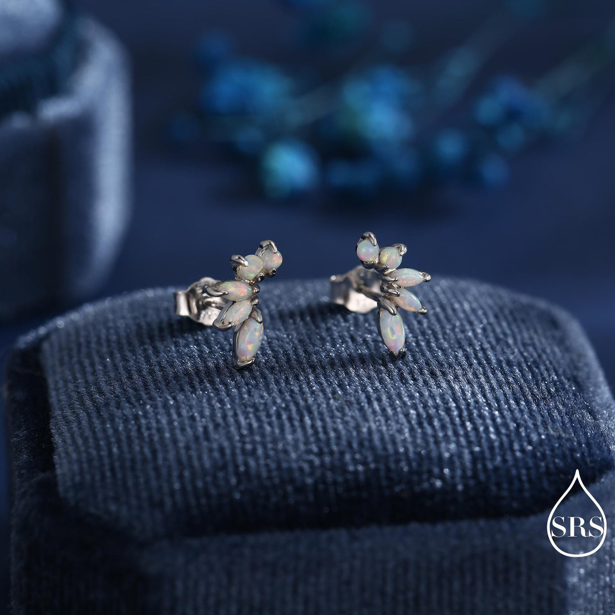 Sterling Silver White Opal Marquise Cluster Stud Earrings, Silver and Gold, Blue Opal Earrings, Lab Opal Mini Crawler Earrings, Minimalist