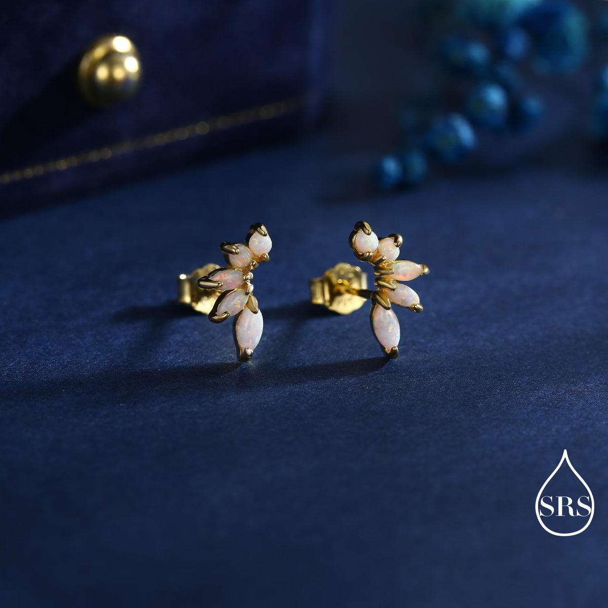 Sterling Silver White Opal Marquise Cluster Stud Earrings, Silver and Gold, Blue Opal Earrings, Lab Opal Mini Crawler Earrings, Minimalist