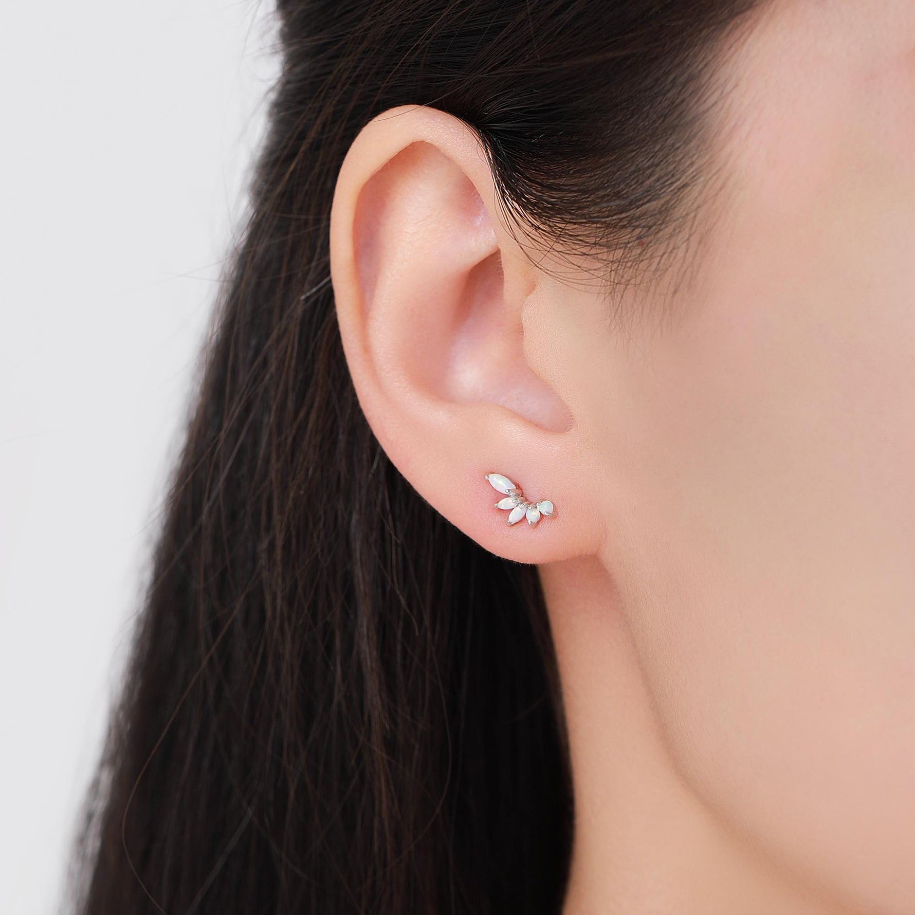 Sterling Silver White Opal Marquise Cluster Stud Earrings, Silver and Gold, Blue Opal Earrings, Lab Opal Mini Crawler Earrings, Minimalist