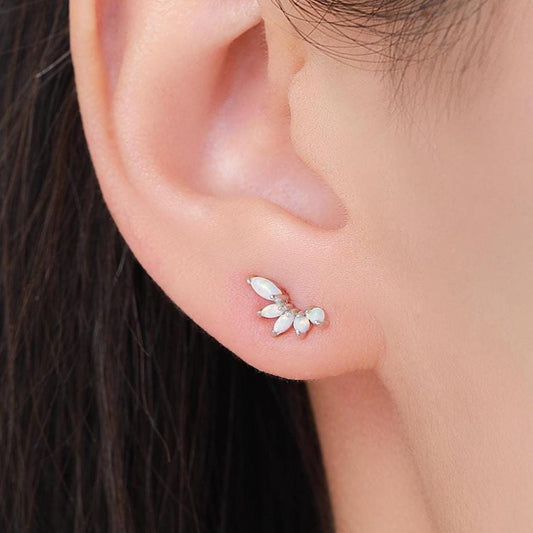 Sterling Silver White Opal Marquise Cluster Stud Earrings, Silver and Gold, Blue Opal Earrings, Lab Opal Mini Crawler Earrings, Minimalist