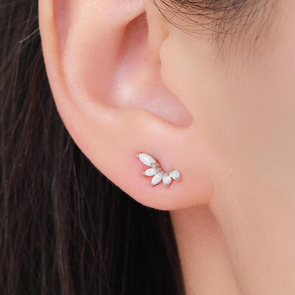 Sterling Silver White Opal Marquise Cluster Stud Earrings, Silver and Gold, Blue Opal Earrings, Lab Opal Mini Crawler Earrings, Minimalist