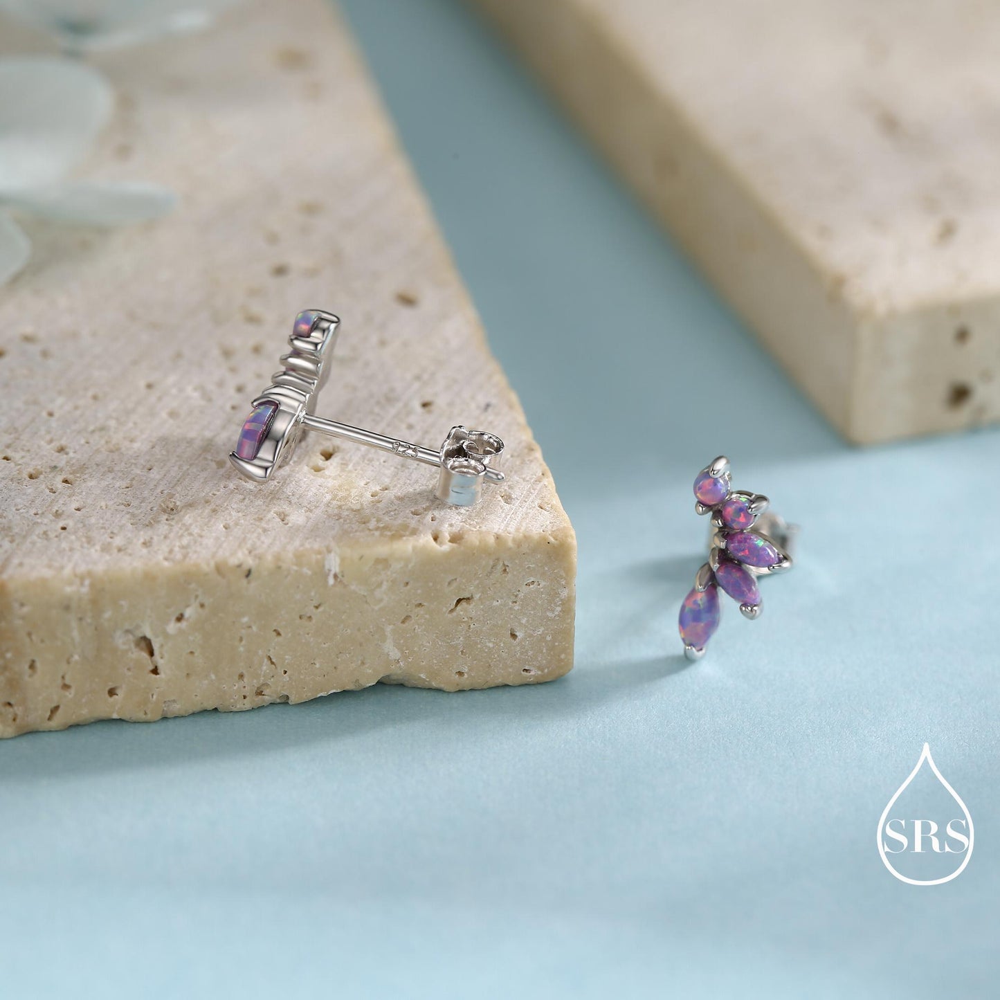 Sterling Silver Purple Opal Marquise Cluster Stud Earrings, Silver and Gold, Opal Earrings, Lab Opal Mini Crawler Earrings, Minimalist