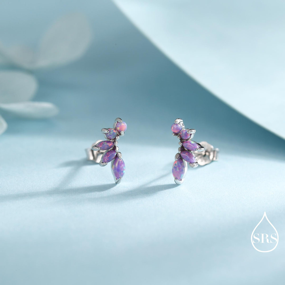 Sterling Silver Purple Opal Marquise Cluster Stud Earrings, Silver and Gold, Opal Earrings, Lab Opal Mini Crawler Earrings, Minimalist