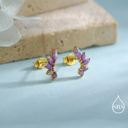Sterling Silver Purple Opal Marquise Cluster Stud Earrings, Silver and Gold, Opal Earrings, Lab Opal Mini Crawler Earrings, Minimalist