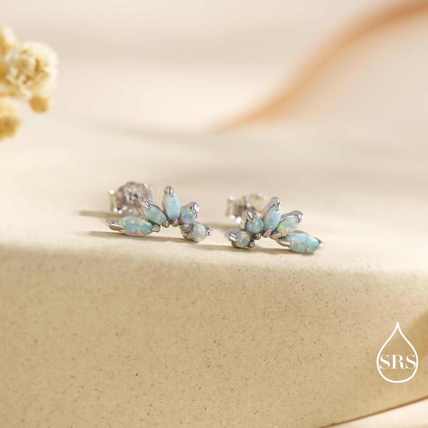 Sterling Silver Green Opal Marquise Cluster Stud Earrings, Silver and Gold, Opal Earrings, Lab Opal Mini Crawler Earrings, Minimalist