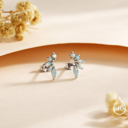 Sterling Silver Green Opal Marquise Cluster Stud Earrings, Silver and Gold, Opal Earrings, Lab Opal Mini Crawler Earrings, Minimalist