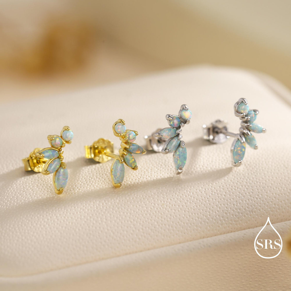 Sterling Silver Green Opal Marquise Cluster Stud Earrings, Silver and Gold, Opal Earrings, Lab Opal Mini Crawler Earrings, Minimalist