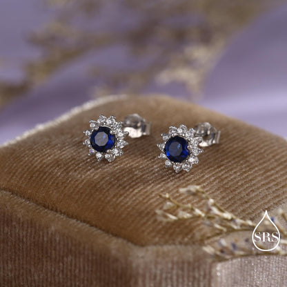 Sapphire Flower Stud Earrings in Sterling Silver, Gold or Silver, Simulated Sapphire Flower Earrings, Blue CZ Flower Earrings