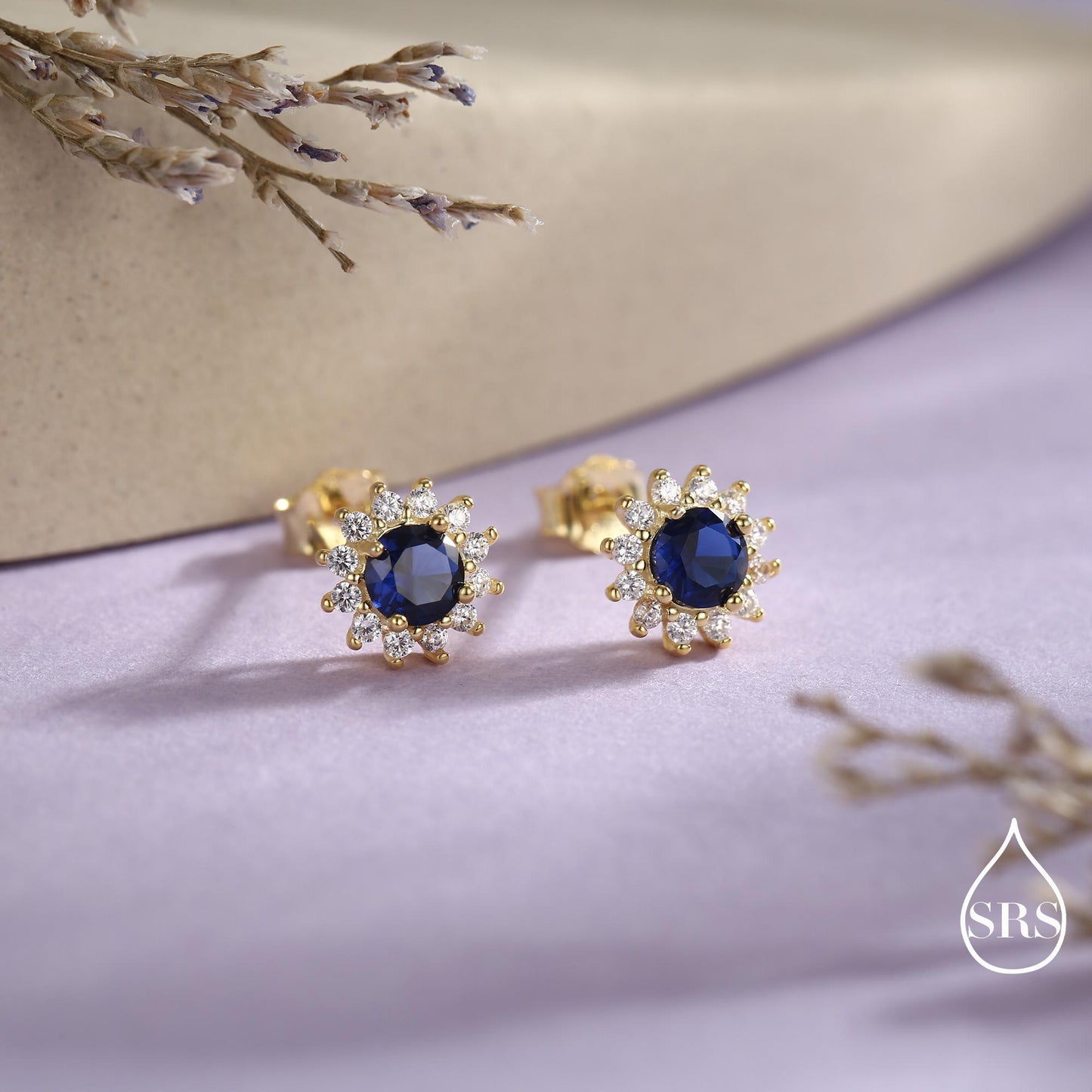 Sapphire Flower Stud Earrings in Sterling Silver, Gold or Silver, Simulated Sapphire Flower Earrings, Blue CZ Flower Earrings