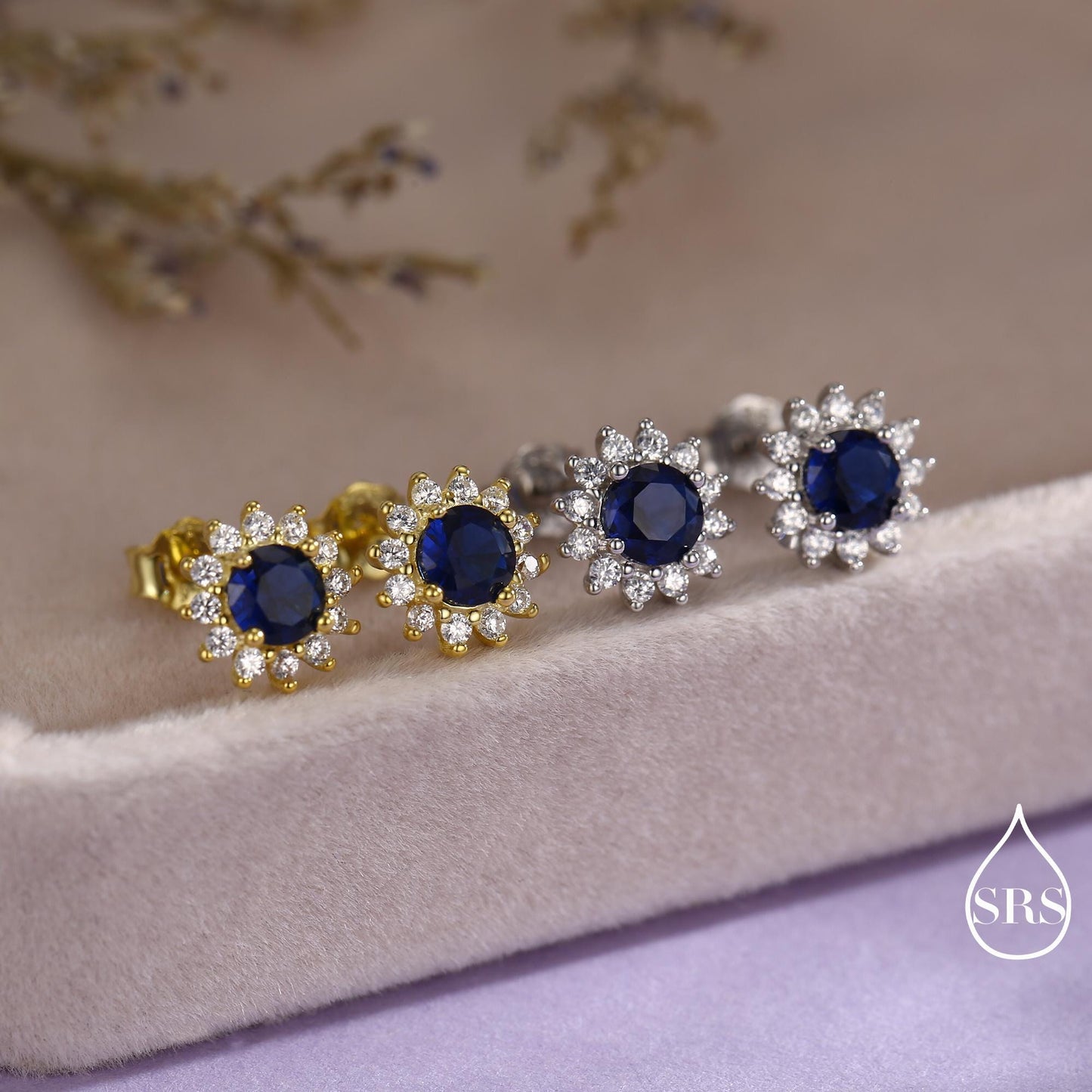 Sapphire Flower Stud Earrings in Sterling Silver, Gold or Silver, Simulated Sapphire Flower Earrings, Blue CZ Flower Earrings