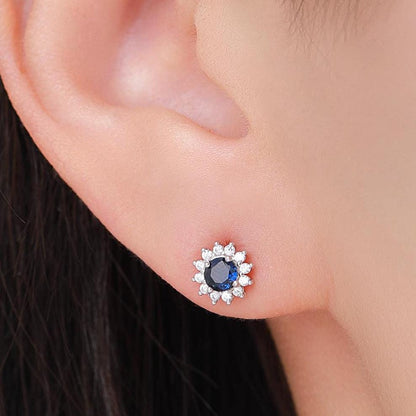 Sapphire Flower Stud Earrings in Sterling Silver, Gold or Silver, Simulated Sapphire Flower Earrings, Blue CZ Flower Earrings