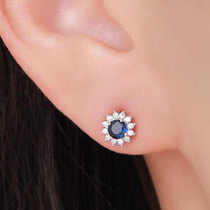 Sapphire Flower Stud Earrings in Sterling Silver, Gold or Silver, Simulated Sapphire Flower Earrings, Blue CZ Flower Earrings