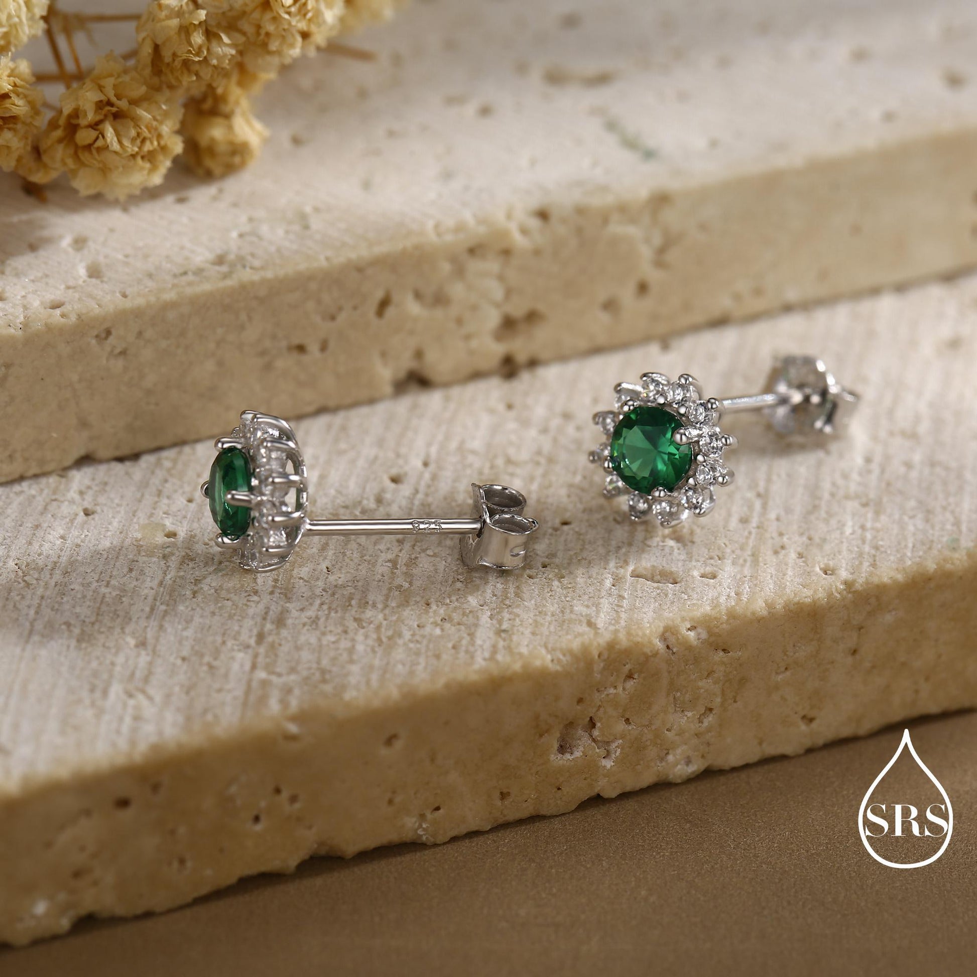 Emerald Flower Stud Earrings in Sterling Silver, Gold or Silver, Simulated Emerald Green CZ Earrings, Green CZ Flower Earrings