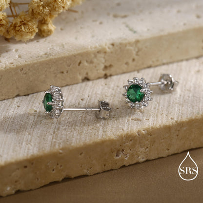 Emerald Flower Stud Earrings in Sterling Silver, Gold or Silver, Simulated Emerald Green CZ Earrings, Green CZ Flower Earrings