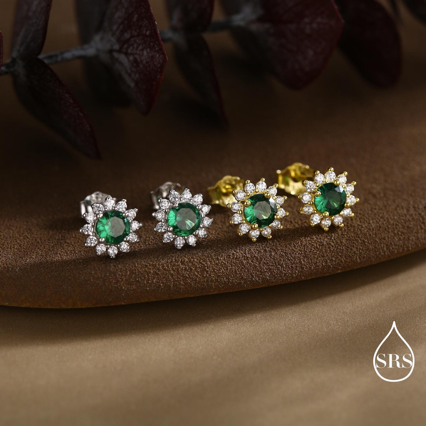 Emerald Flower Stud Earrings in Sterling Silver, Gold or Silver, Simulated Emerald Green CZ Earrings, Green CZ Flower Earrings