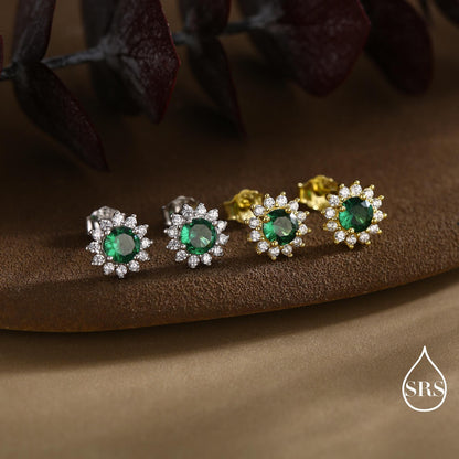 Emerald Flower Stud Earrings in Sterling Silver, Gold or Silver, Simulated Emerald Green CZ Earrings, Green CZ Flower Earrings