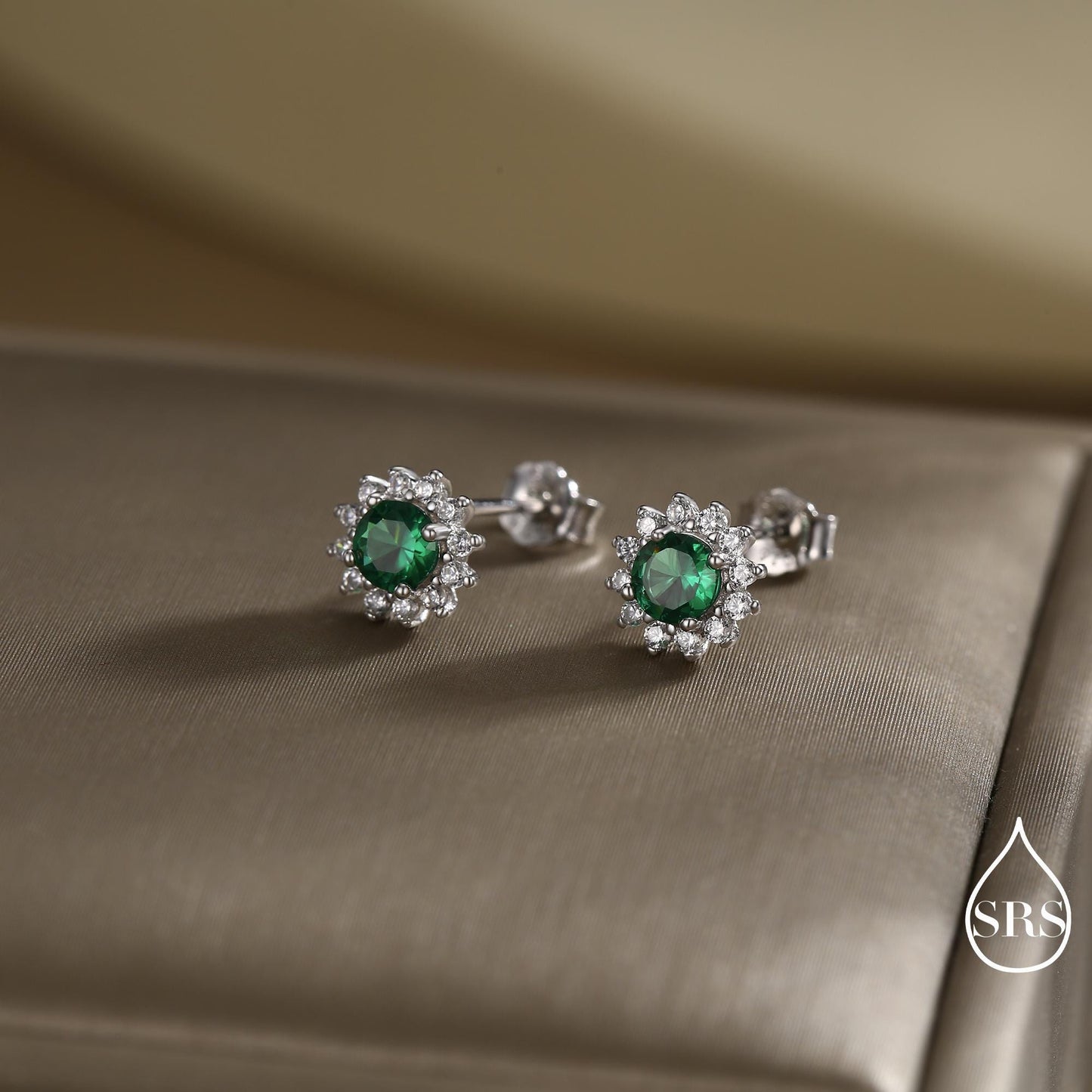 Emerald Flower Stud Earrings in Sterling Silver, Gold or Silver, Simulated Emerald Green CZ Earrings, Green CZ Flower Earrings