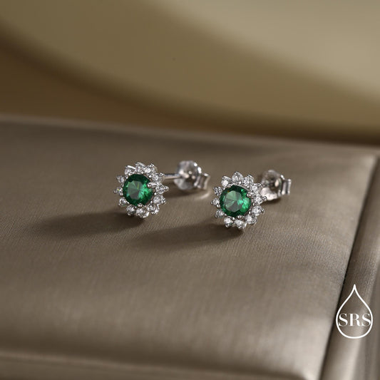 Emerald Flower Stud Earrings in Sterling Silver, Gold or Silver, Simulated Emerald Green CZ Earrings, Green CZ Flower Earrings