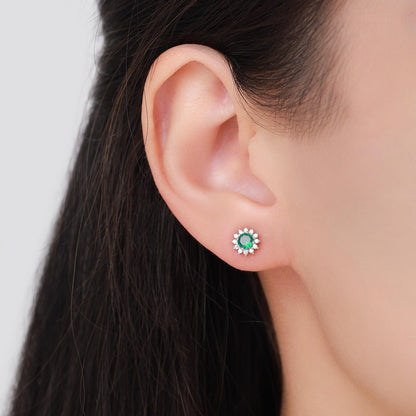 Emerald Flower Stud Earrings in Sterling Silver, Gold or Silver, Simulated Emerald Green CZ Earrings, Green CZ Flower Earrings
