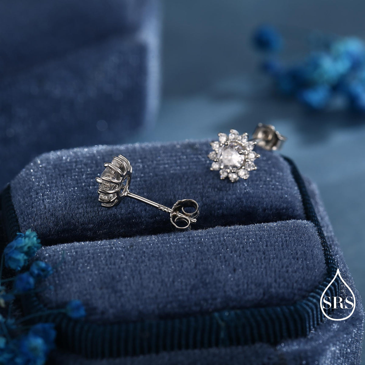CZ Flower Stud Earrings in Sterling Silver, Gold or Silver, Simulated Diamond Snowflake Earrings