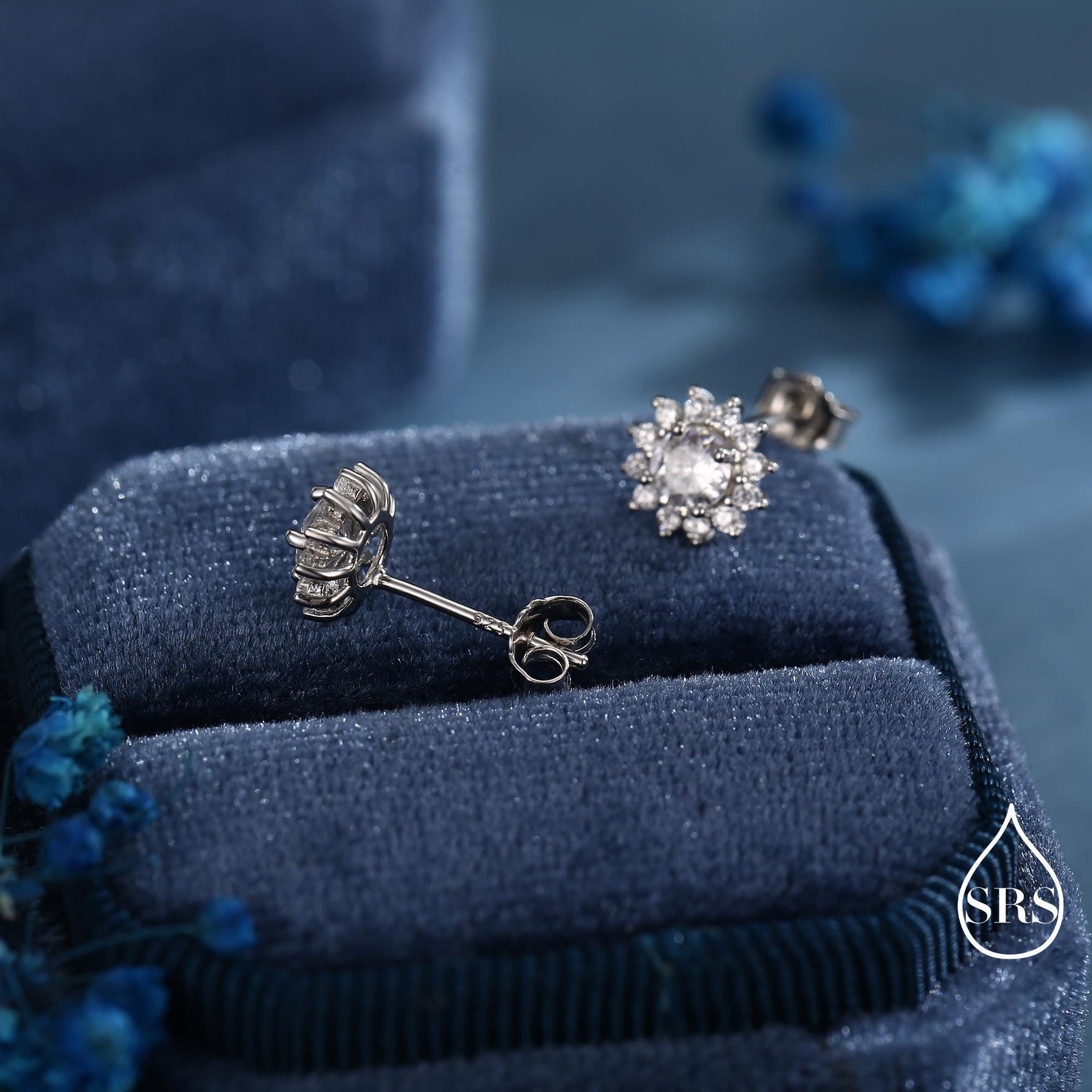 CZ Flower Stud Earrings in Sterling Silver, Gold or Silver, Simulated Diamond Snowflake Earrings