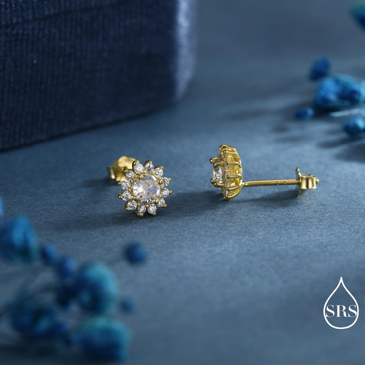 CZ Flower Stud Earrings in Sterling Silver, Gold or Silver, Simulated Diamond Snowflake Earrings