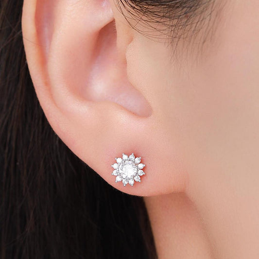 CZ Flower Stud Earrings in Sterling Silver, Gold or Silver, Simulated Diamond Snowflake Earrings